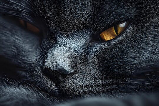 Close up macro shot of gray cat face with bright amber eyes showing mysterious and intense gaze against dark background, dramatic lighting highlights facial features.