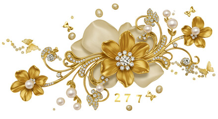 Ornate Gold Floral Design with Pearls and Butterflies