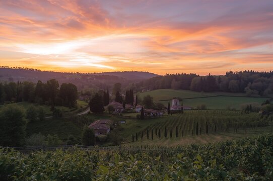 Twilight over a scenic village landscape in a European region