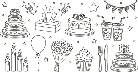 Festive hand-drawn birthday celebration icons with cakes, candles, and balloons