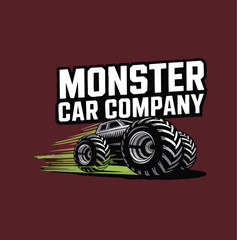 High-Performance Monster Truck Logo with Gritty Detailing on Large Tires, Featuring White Block 'MONSTER CAR COMPANY' Text and Green Speed Trails on a Maroon for Automotive Garage or Off-Road Branding © Rayhanul
