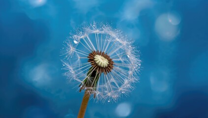 Dew-covered dandelion seeds against a soft, out-of-focus backdrop.