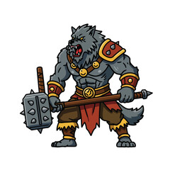 A gray anthropomorphic wolf holds a spiked mace He has shoulder pads bracelets and a belt He wears brown and red clothing