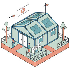 Isometric illustration of a temporary medical clinic with a red cross flag and solar panels on the roof