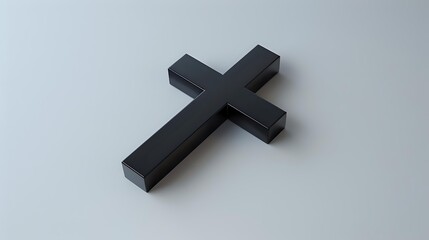 Obraz premium Black religious cross on white background, casting soft shadow. Minimalist christian symbol with clean lines and modern design aesthetic for faith-based content.