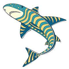 Stylized shark with blue and yellow wavy stripes