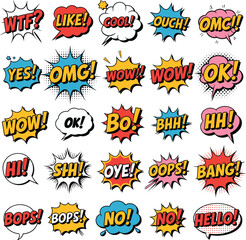 Comic sound effects set, pop art speech bubbles, colorful explosion words, cartoon text effects, expression icons, vibrant dialogue shapes, vector comic bubbles, fun chat symbols, 
