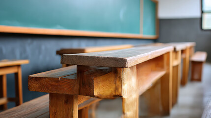 Wooden desk classroom education cost effective learning environment with chalkboard and natural light