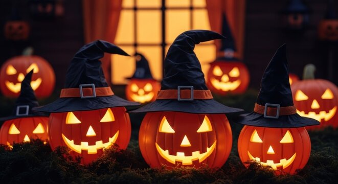 Spooky halloween pumpkins wearing witch hats glowing in the dark on halloween night