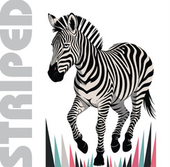 Stylized Zebra Illustration with Striped Typography and Modern Grass Elements.