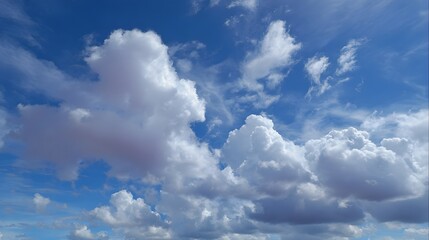 Naklejka premium A vibrant sky filled with fluffy, cumulus clouds against a brilliant, cerulean backdrop. The contrasting shapes and sizes of the clouds create an appealing visual display.