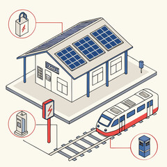 Fototapeta premium Modern train station powered by solar energy with electric charging infrastructure and energy storage solutions