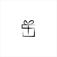 Hand-drawn gift box with ribbon, black brush line art on transparent background. Minimalist doodle present icon for holiday design, Christmas, birthday, celebration graphics.