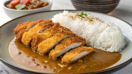 Golden Chicken Katsu with Curry and Fluffy White Rice on Minimal Plate