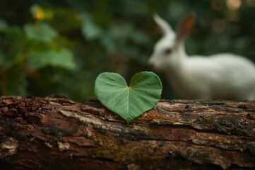 Heart-shaped leaf resting on rough tree bark