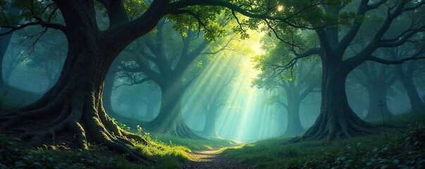 Enigmatic forest bathed in ethereal sunlight, ancient trees reaching towards a mystical sky Secrets whisper on the wind through the leaves, a sense of otherworldly magic pervades , mystical, vines