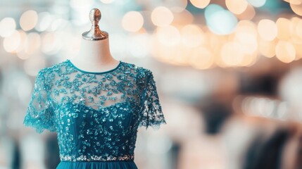 Elegant teal evening gown on display with blurred background lights