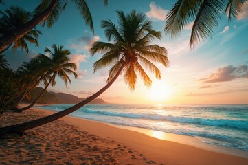 Fototapeta premium Tranquil evening with palm silhouettes by the ocean shore