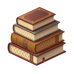 3d rendered stack of old leather bound books with intricate gold embossing and a bookmark