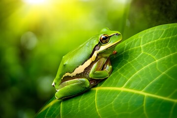 Naklejka premium Tiny green tree frog resting on a vibrant leaf with soft sunlight filtering through foliage