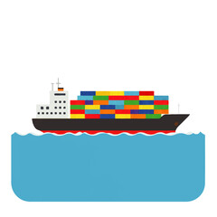 A cargo ship with colorful containers sails on blue water, depicted in a simple, flat vector style.