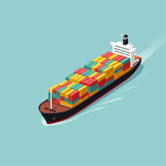 Isometric illustration of a cargo ship sailing on the water, carrying colorful stacked containers. © denijulianto