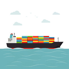 A cargo ship carrying colorful containers sails on the ocean under a cloudy sky, illustrating global trade and transportation.