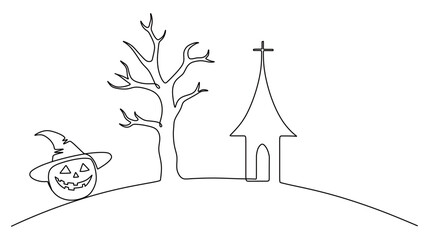 Continuous line art of a halloween pumpkin with a hat with a scary carved face and a tree and church beside it. Happy halloween.