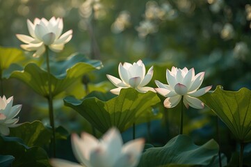 Obraz premium White Lotus Flowers Blooming at Dawn