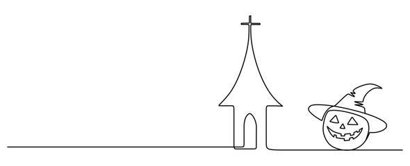Continuous line art of a halloween pumpkin with a hat with a scary carved face and a church beside it. Happy halloween.