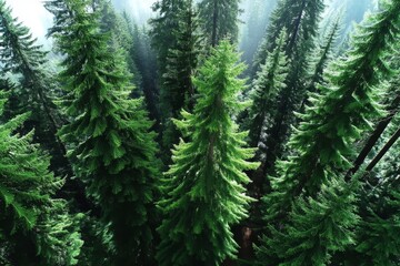 Fototapeta premium View of tall evergreen trees in a dense forest with sunlight filtering through branches during daytime