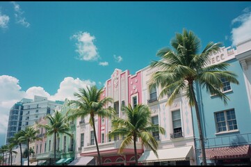 Obraz premium Coastal skyline featuring vintage architectural styles and lush palm vegetation