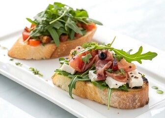 Pair of gourmet bruschetta topped with arugula and fresh ingredients on a bright white backdrop
