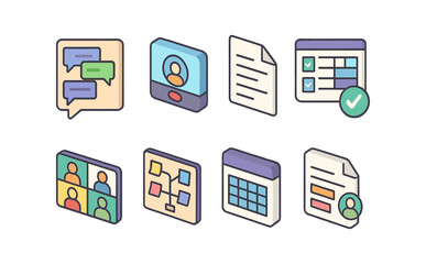 Communication and business flat icon set. chat, calendar, planning icons collection