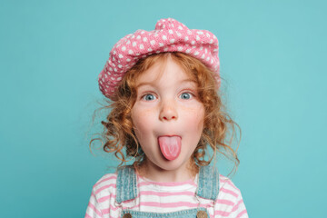 Funny portrait of cute little girl sticking out tongue. Ai generative art