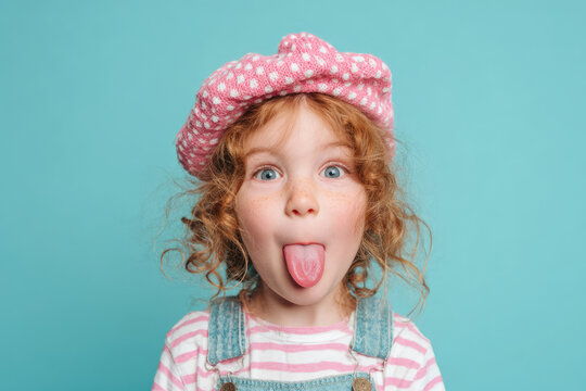 Funny portrait of cute little girl sticking out tongue. Ai generative art