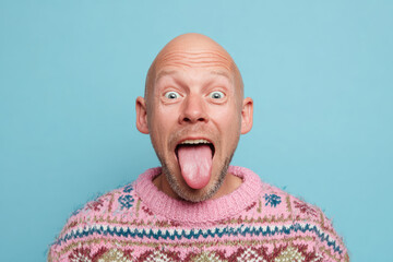 Portrait of bald Caucasian man sticking out tongue. AI generative art