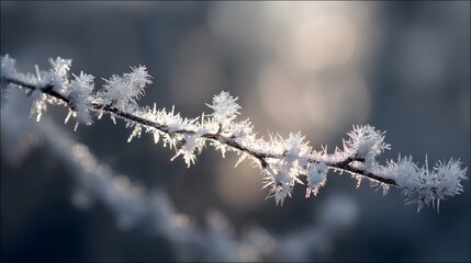 Obraz premium A delicate branch, adorned with intricate frost patterns, catches the soft morning light.
