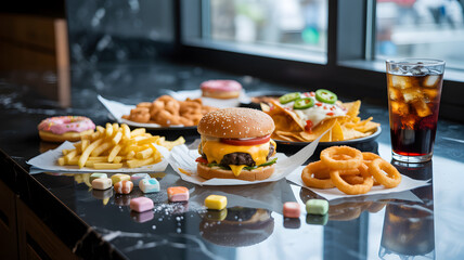 A spread of fast food including a cheeseburger french fries onion rings nachos a donut and a cola drink
