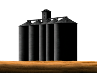 Industrial Silos Under Clear Sky, Grain Storage Facility, Agricultural Landscape, Minimalist Photography, Natural Environment