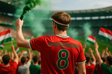Fototapeta premium Hungarian soccer fan with green smoke flare in crowd