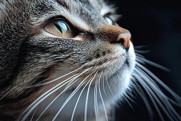 Close-up portrait of gray cat face with green eyes and long white whiskers against dark background, dramatic lighting highlights feline features and expression.