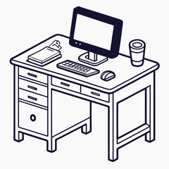 Modern computer desk with monitor keyboard and mouse icon