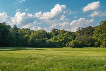 Obraz premium Early summer view of a grassy meadow and woodland at a public park