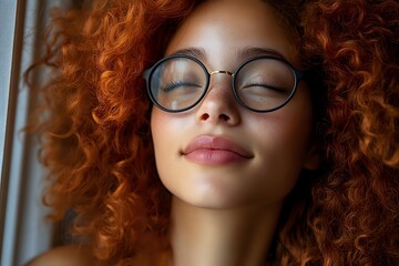 Obraz premium Young woman with natural curly red hair and round glasses smiling with eyes closed in serene expression, showing genuine happiness and contentment.