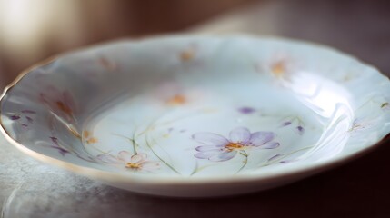 A light blue porcelain plate, intricately decorated with delicate floral patterns in soft pastels, is presented in a close-up shot.