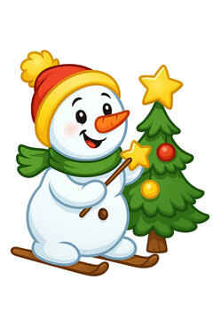 Schneemann dekoriert Weihnachtsbaum mit Stern &ndash; freigestellte, niedliche Winter-Ski-Sticker-Illustration