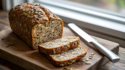 Freshly baked multi grain bread with pumpkin seeds sliced on a wooden cutting board next to a knife