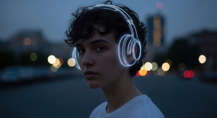 Person wearing glowing outline headphones at night with bokeh lights neon