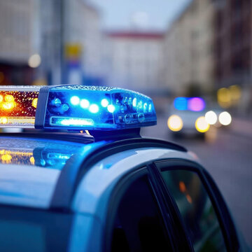 Polizeiauto mit Blaulicht bei Nacht &ndash; Nahaufnahme, 